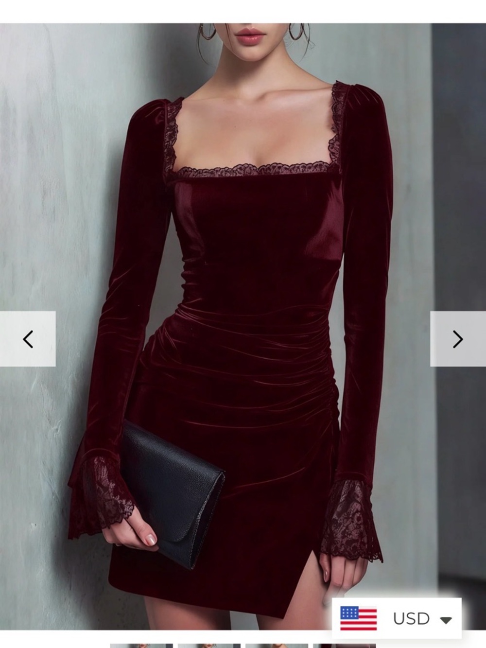 RIHOAS Deep Burgundy Velvet Long Sleeve Lace-Trim Mini Dress